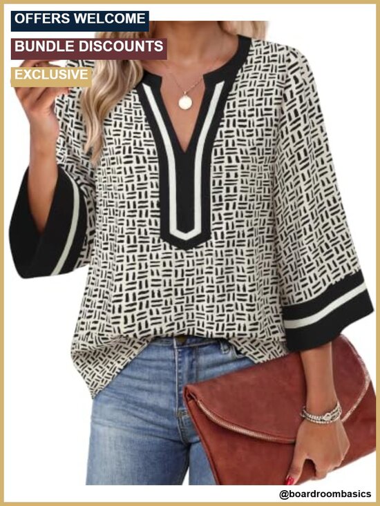 Tops - Dressy Casual Tunic Top V-Neck 3/4 Sleeve Rayon